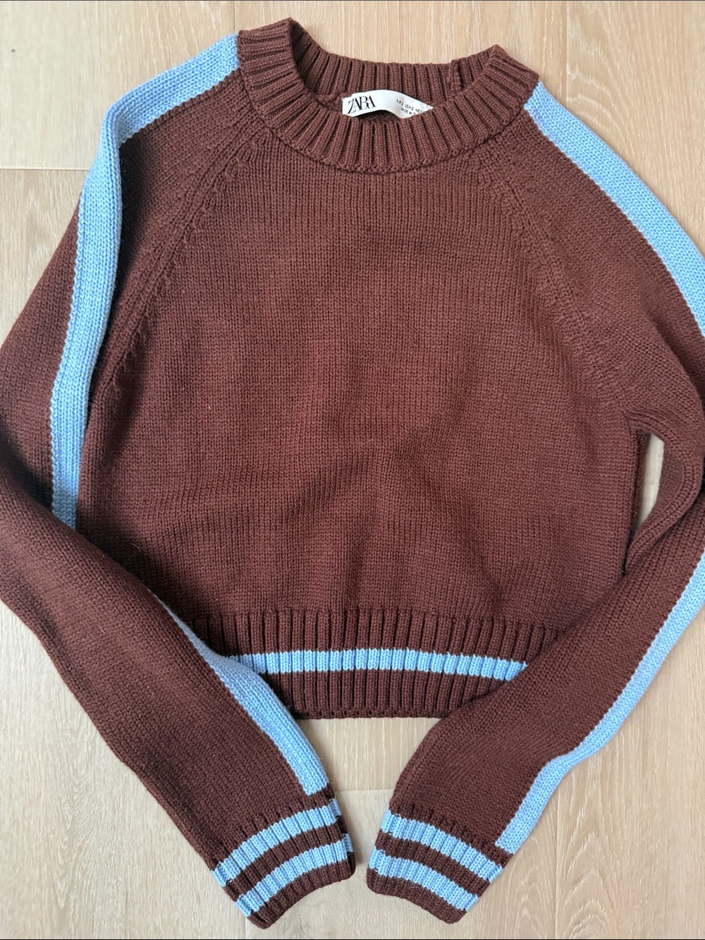 Zara Brown Crewneck Sweater with Light Blue Stripe Details